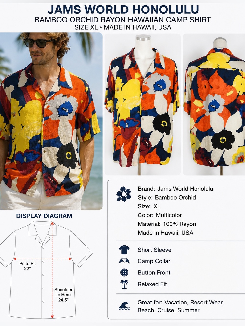 Jams World Honolulu Bamboo Orchid Men's XL Hawaiian Camp Shirt Rayon